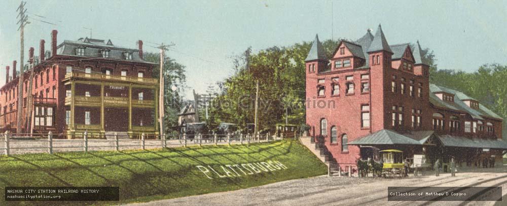 Postcard: Fouquet House and Delaware & Hudson Railroad Station, Plattsburg, New York